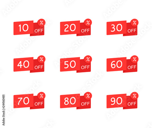 Sale tag set. 10, 20, 30, 40, 50, 60, 70, 80, 90 percent off. Price off and discount tag design elements. Modern vector illustration flat style