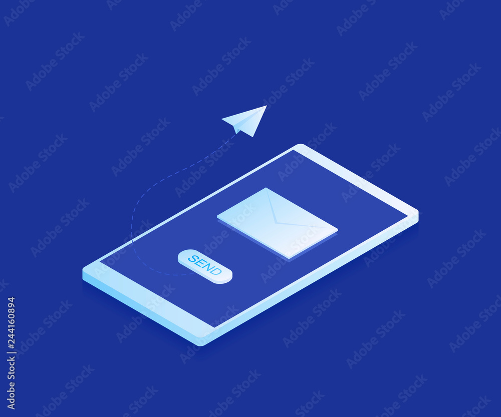 Email and message sending via phone, isometric paper plane, mailing banner. Modern vector illustration Email and message sending via phone, isometric paper plane, mailing banner. Modern vector illustration