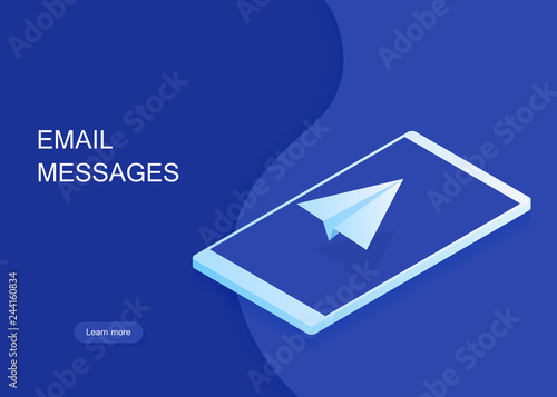Email and message sending concept, isometric paper plane on phone screen, online marketing, mailing banner. Modern vector illustration