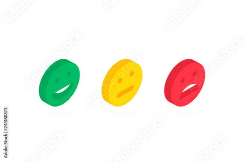 Concept rating feedback isometric set smile faces, emotion smileys. Modern vector illustration in isometric style