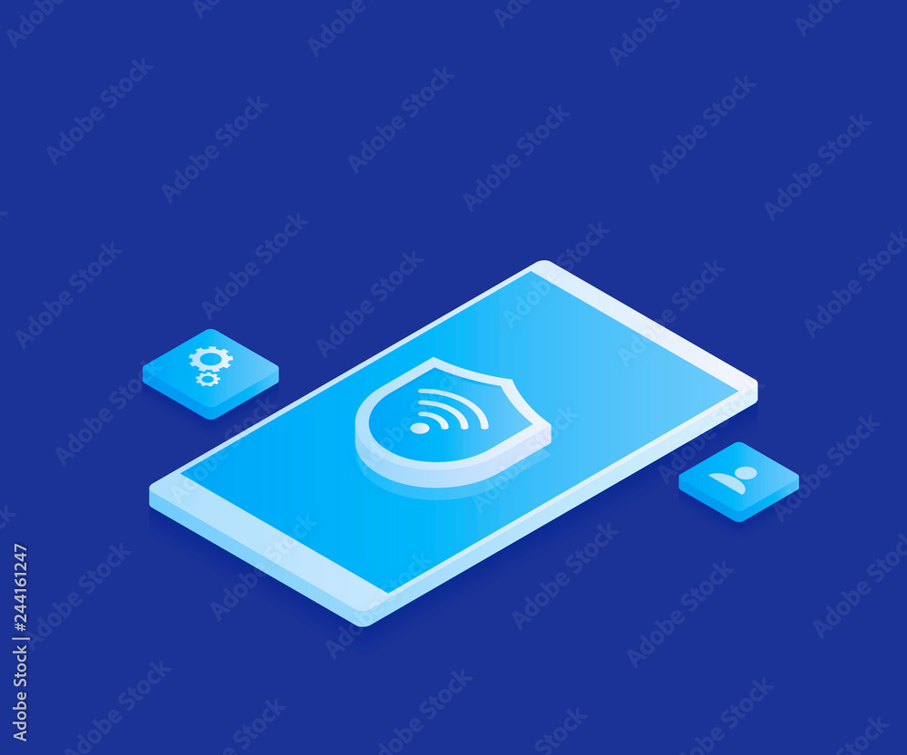 Concept secure network wireless. IOT online synchronization and connection via smartphone wireless technology. Modern vector illustration in isometric style Concept secure network wireless. IOT online synchronization and connection via smartphone wireless technology. Modern vector illustration in isometric style