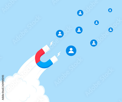 Marketing magnet attracts new customer and buyers people. Successful business. Modern flat style vector illustration