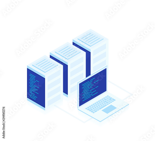 Concept of web hosting .Vector isometric map with business networking servers and laptop.Cloud storage data and synchronization of devices. Modern vector ilustration