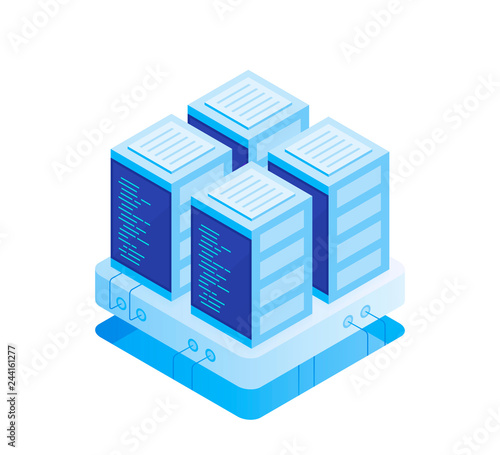Concept of server room. Hosting with cloud data storage and server room. Server rack. Modern Vector illustration in Isometric style
