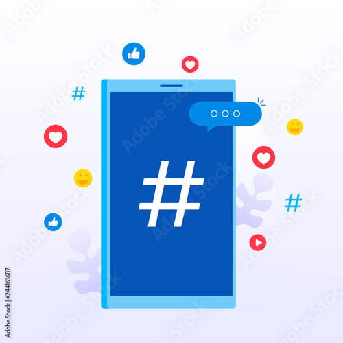 Concept social media . Likes, shares and comments popping up on the mobile screen. Modern flat style vector illustration