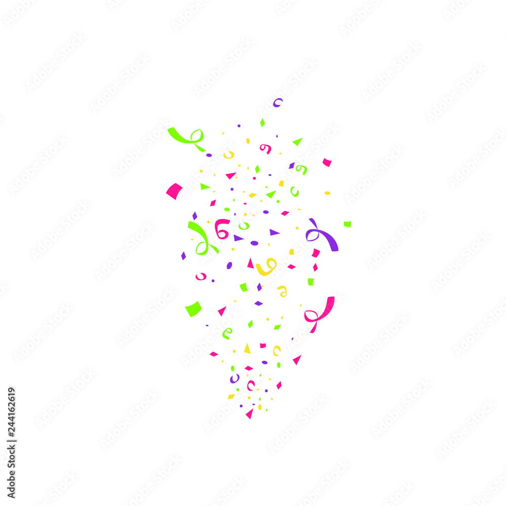 Colorful confetti burst isolated on white background. Festive template. Vector illustration of falling particles for holydays design