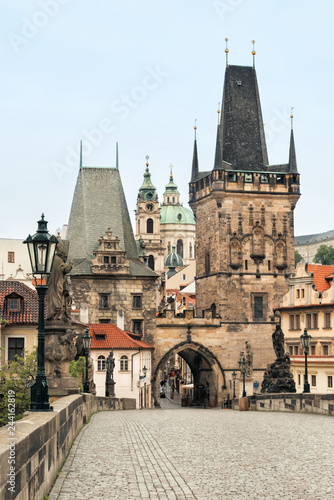 View on Charles bridge without crowd of people in Prague, Czech Republic