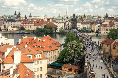 Top view on crowd of tourists on Charles bridge in Prague, Czech Republic