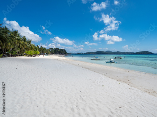 Beautiful white sand beach and blue sky. Coron  Busuanga island  Palawan province  Philippines. November  2018