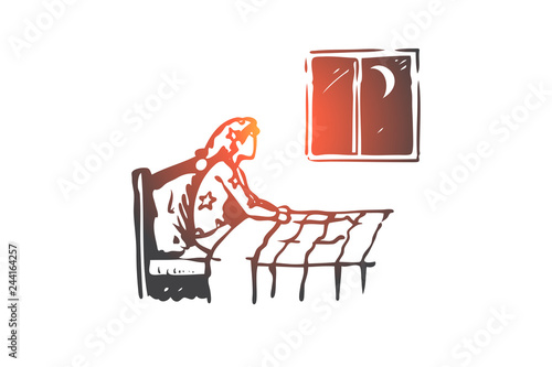 Insomnia, bed, woman, night, problem concept. Hand drawn isolated vector.