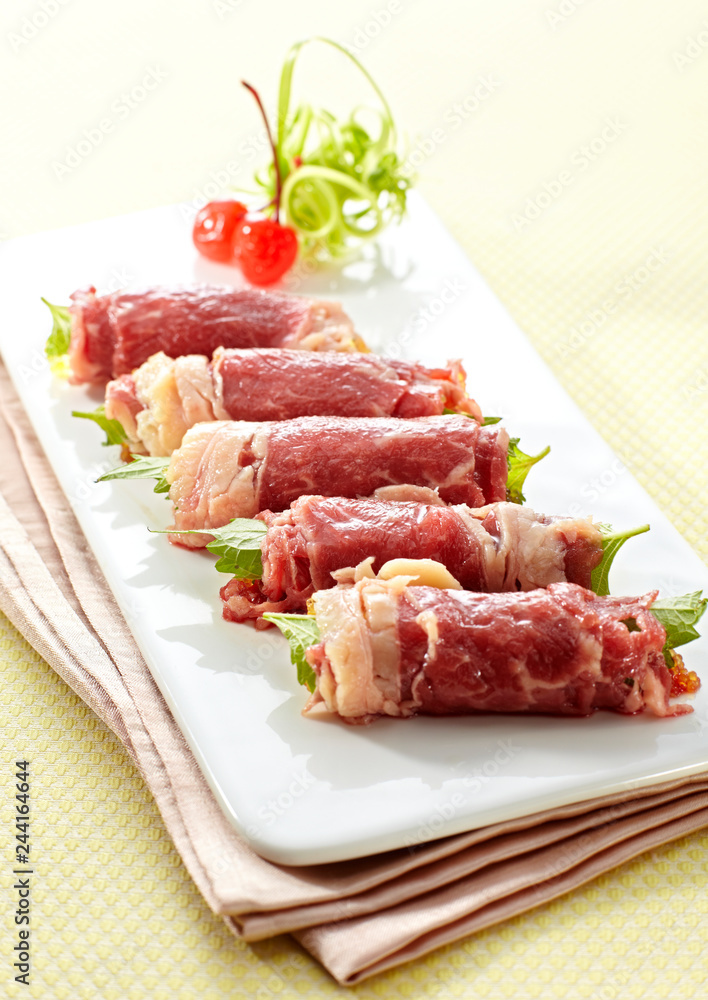 Delicious Chinese cuisine, raw beef rolls
