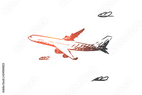 Airplane, sky, flight, transport, trip concept. Hand drawn isolated vector.