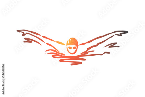 Swimming, butterfly, stroke, athlete, pool concept. Hand drawn isolated vector.