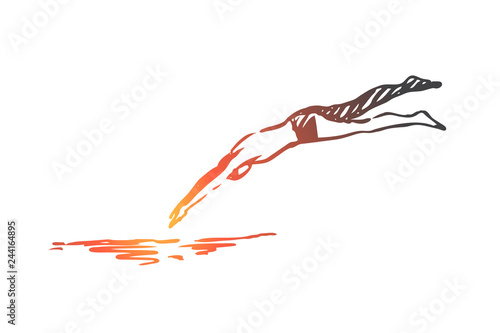 Man, jump, water, pool, dive concept. Hand drawn isolated vector.