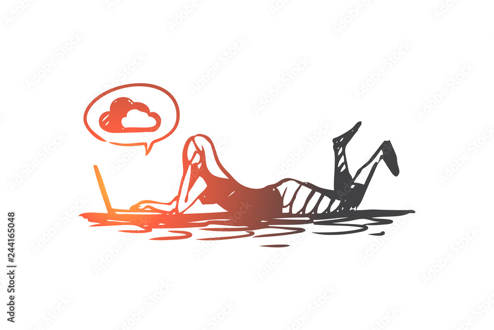 Woman, working, laptop, cloud service, internet concept. Hand drawn isolated vector. Woman, working, laptop, cloud service, internet concept. Hand drawn isolated vector.