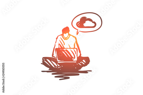 Man, laptop, cloud service, business concept. Hand drawn isolated vector.
