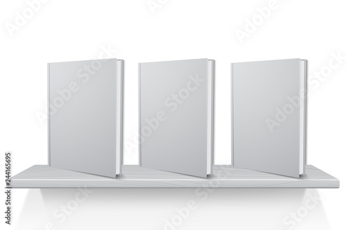 Empty white books template on the bookshelf, vector illustration on plain background