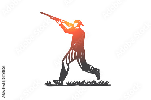 Hunter, rifle, shooting, weapon, man concept. Hand drawn isolated vector.