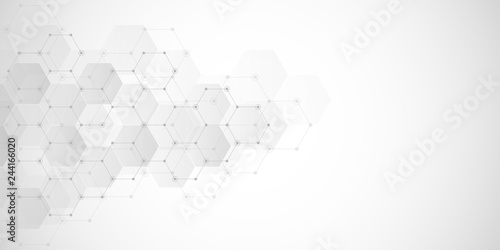 Geometric abstract background with hexagons elements. Medical background texture for modern design. Vector illustration of molecular structures and hexagons pattern. Science and Technology concept.