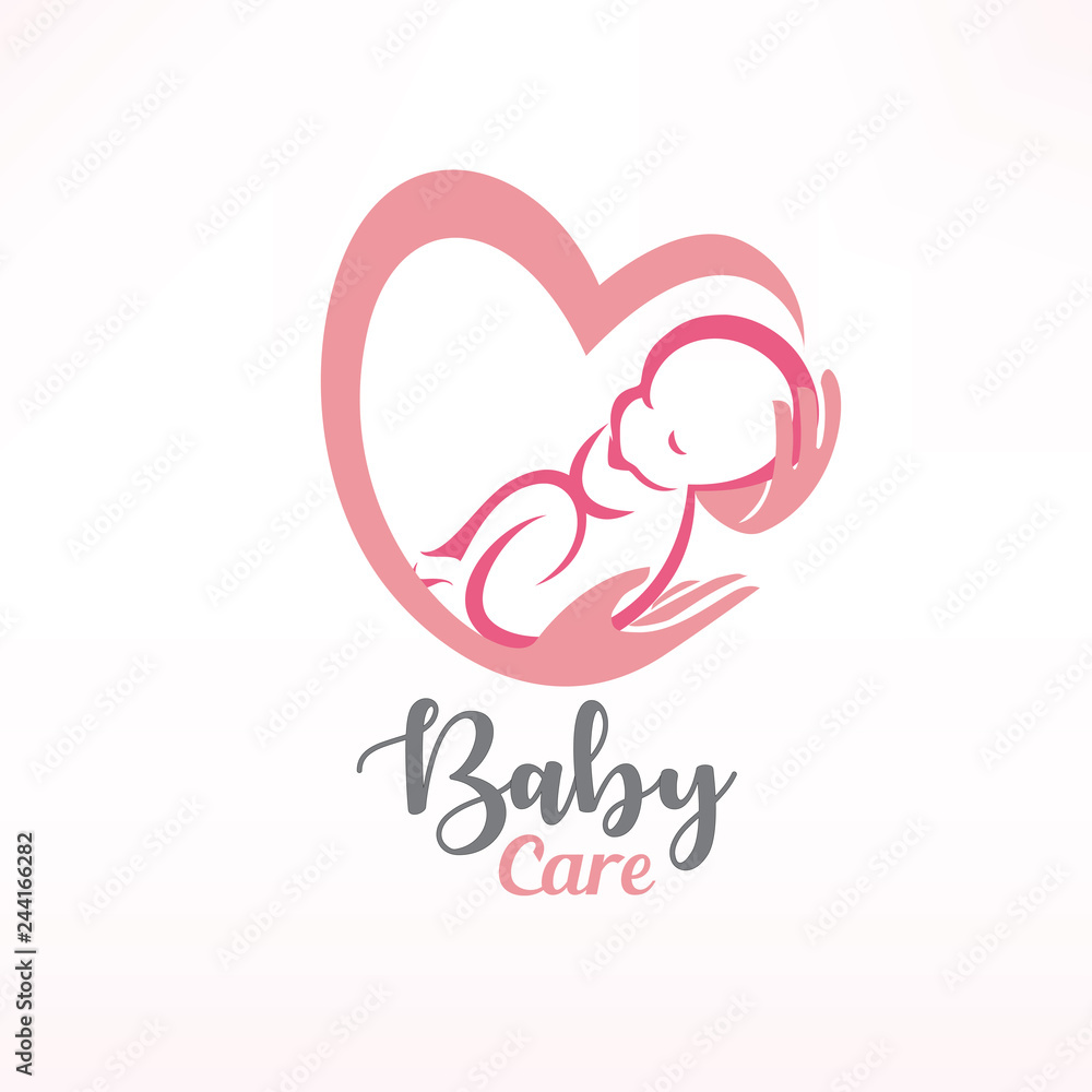 baby sleeping in hands, baby care stylized vector symbol