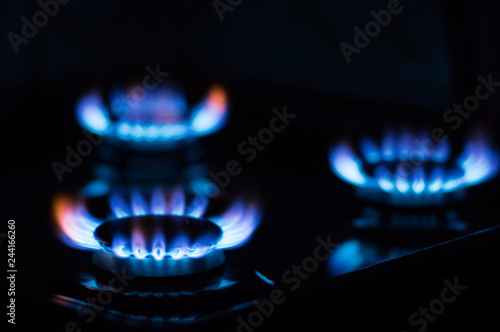 Flames from burning gas on the stove. Blue gas flame