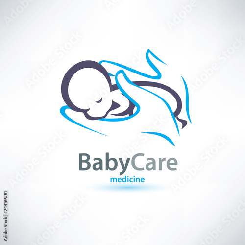 baby sleeping in hands, baby care stylized vector symbol