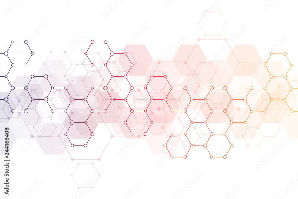 Obraz premium Geometric background texture with molecular structures and chemical engineering. Abstract background of hexagons pattern. Vector illustration for medical or scientific and technological modern design.