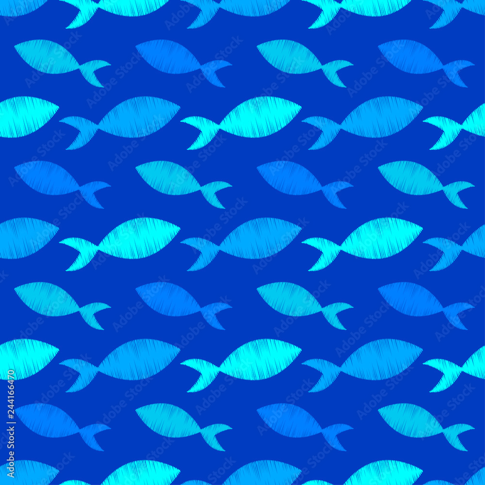 Seamless pattern with fishes in the sea. Cute cartoon. Brushwork. Hand hatching. Doodle. Can be used for wallpaper, textile, invitation card, wrapping, web page background. Seamless pattern with fishes in the sea. Cute cartoon. Brushwork. Hand hatching. Doodle. Can be used for wallpaper, textile, invitation card, wrapping, web page background.