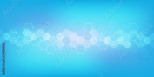Geometric background texture with molecular structures and chemical engineering. Abstract background of hexagons pattern. Vector illustration for medical or scientific and technological modern design.