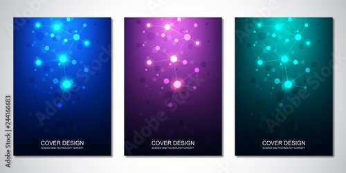 Vector template for cover or brochure, with molecules background and neural network. Abstract geometric background of connected lines and dots. Medical or scientific and technological concept.
