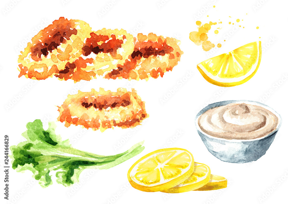 Deep Fried squid rings with lemon and sauce set, seafood, Watercolor hand drawn illustration isolated on white background