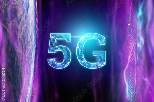 Creative background, the inscription 5G on the background of purple and blue energy, dark background. The concept of 5G network, high-speed mobile Internet, new generation networks. Copy space