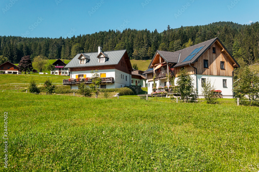 Village of Gosau with its wooden houses in the Alps of Austria on a sunny day.