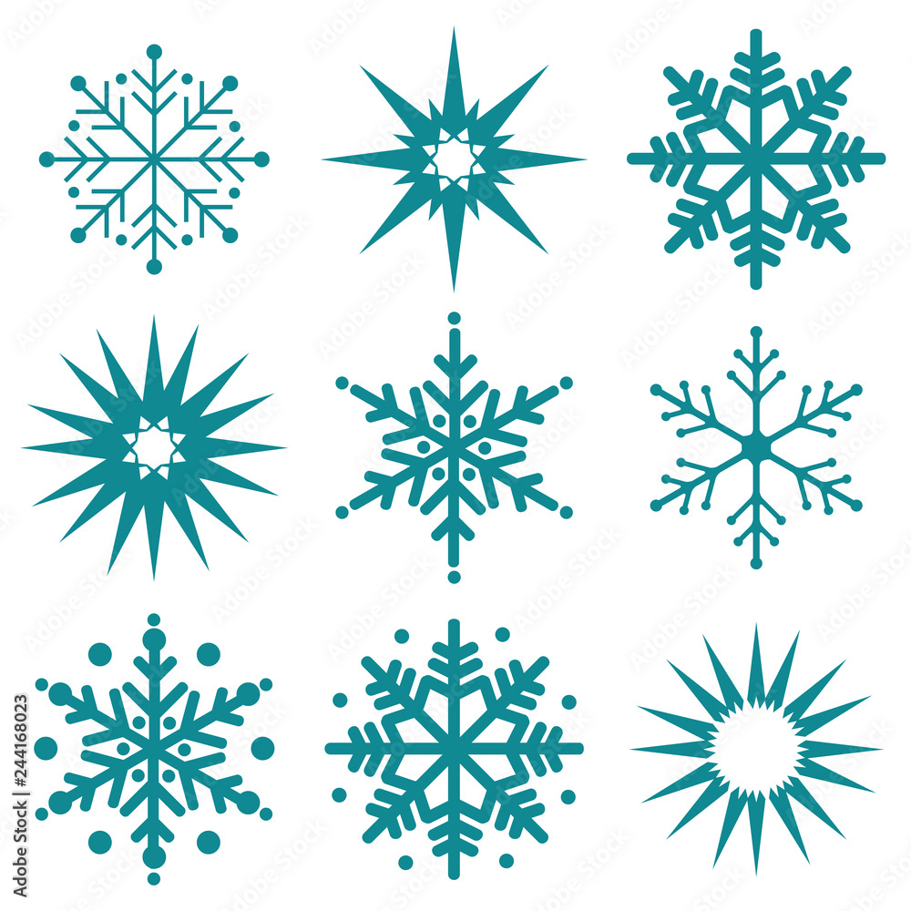 Snowflake winter set of black isolated. Nine icon silhouette on white background