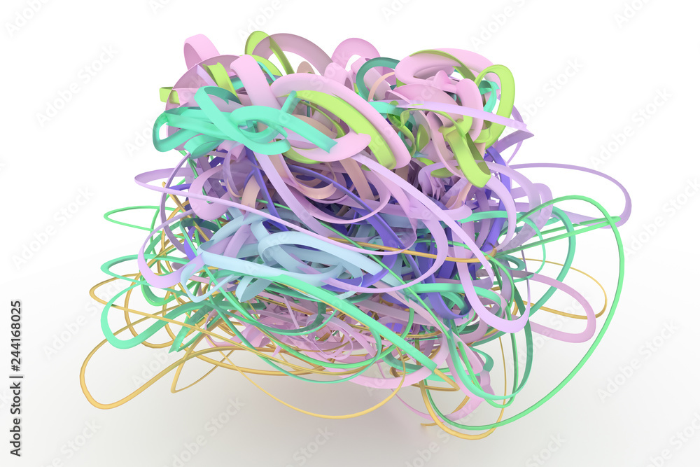 Colorful 3D rendering. Abstract CGI composition, bunch of messy string geometric. Wallpaper for graphic design.