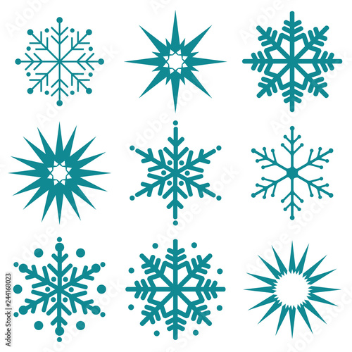 Snowflake winter set of black isolated. Nine icon silhouette on white background