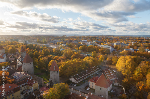 TALLINN, ESTONIA - OCTOBER 15, 2017: Aerial view on the foliage around old town towers and wall, Tallinn, Estonia. Bright autumn day. © yegorov_nick