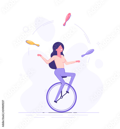 A business woman is riding on unicycle and juggling different tasks. Multitasking concept. Flat vector illustration.