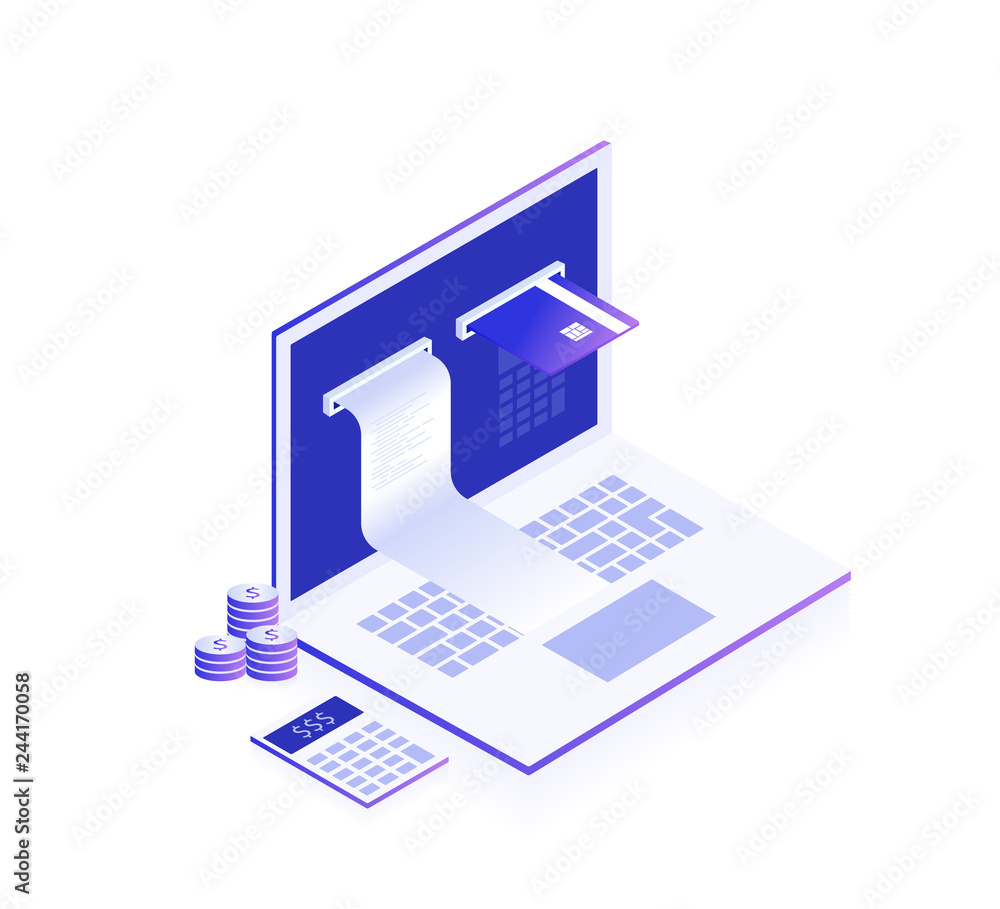 Concept of online payment. Electronic bill and online bank, laptop with check tape and payment card. Modern 3d isometric vector illustration