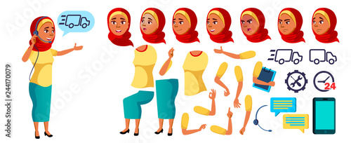 Arab, Muslim Teen Girl Vector. Animation Creation Set. Face Emotions, Gestures. Online Helper, Consultant. Casual. Animated. For Presentation, Print, Invitation Design. Isolated Cartoon Illustration