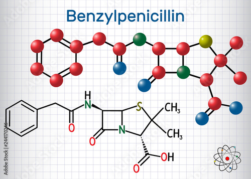 Benzylpenicillin (penicillin G) drug molecule. It is beta-lactam antibiotic. Structural chemical formula and molecule model. Sheet of paper in a cage