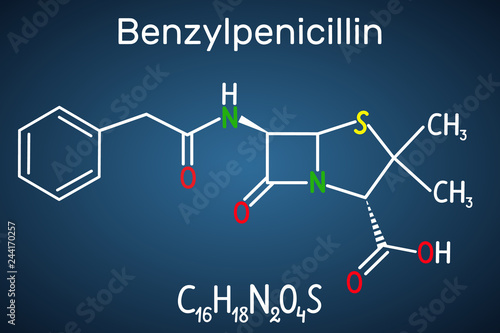 Benzylpenicillin (penicillin G) drug molecule. It is beta-lactam antibiotic. Structural chemical formula on the dark blue background