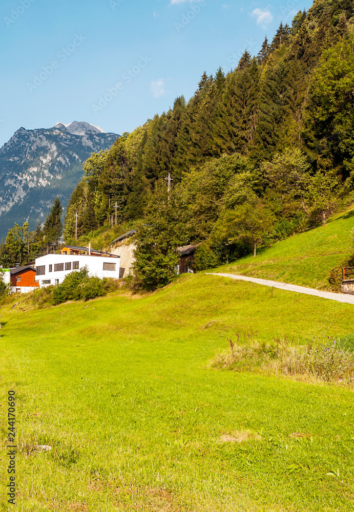 Village of Gosau with its wooden houses in the Alps of Austria on a sunny day.