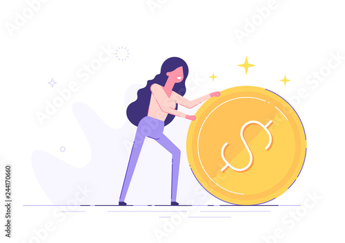Positive businesswoman is rolling a huge golden dollar coin. Earning, saving and investing money concept. Flat vector illustration.