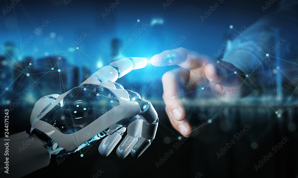 Robot hand making contact with human hand on dark background 3D rendering - obrazy, fototapety, plakaty 