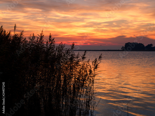 Lichtstimmung am Abend bei Zarrenzin mit Blick zur Insel Bock im Nationalpark Vorpommersche Boddenlandschaft  Mecklenburg Vorpommern  Deutschland