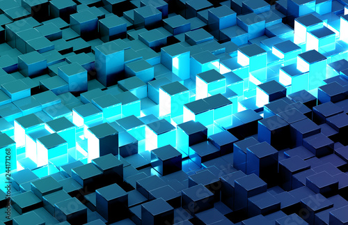 Glowing black and blue squares background pattern 3D rendering © sdecoret