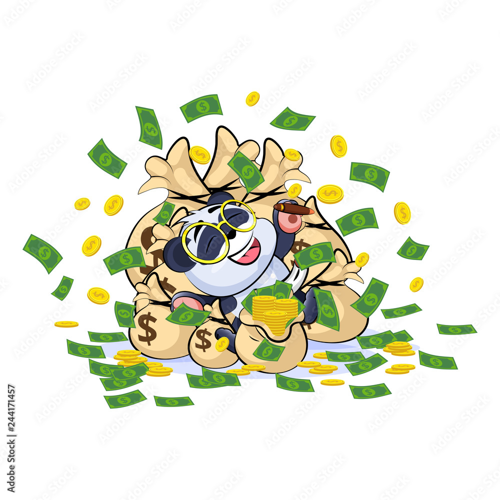 Obraz premium panda bear lies on bags of money