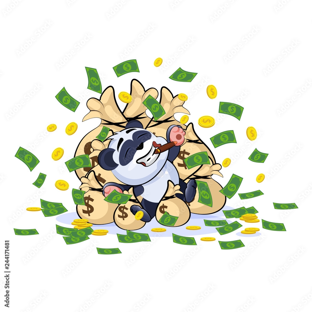Naklejka premium panda bear lies happy on bags of money