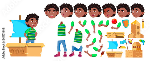 Black, Afro American Boy Kindergarten Kid Vector. Animation Creation Set. Emotions, Gestures. Little Children. Cardboard Box Toy. Design Element. Animated. Isolated Cartoon Illustration